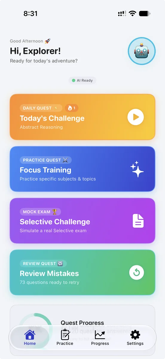 The Cognora home screen showing today's challenge, focus training, a Selective mock exam and a review-mistakes card.